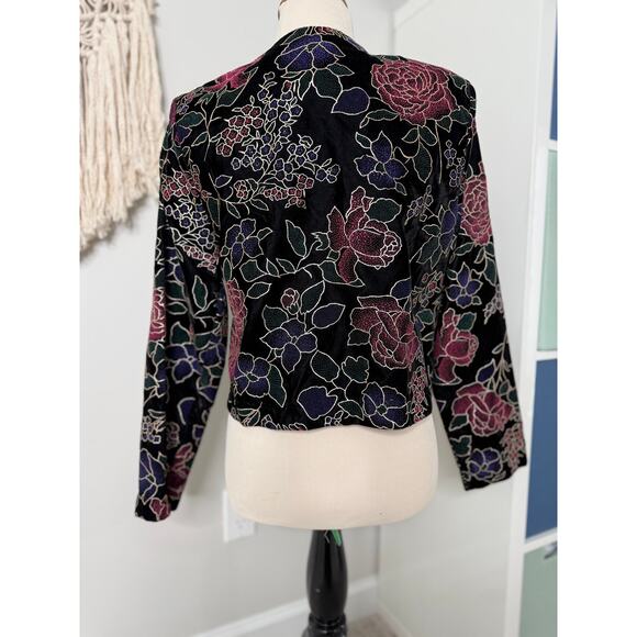 Vtg 80s Womens Black Velvet Purple Floral Gold Crest Button Holiday Jacket Small - Picture 2 of 5
